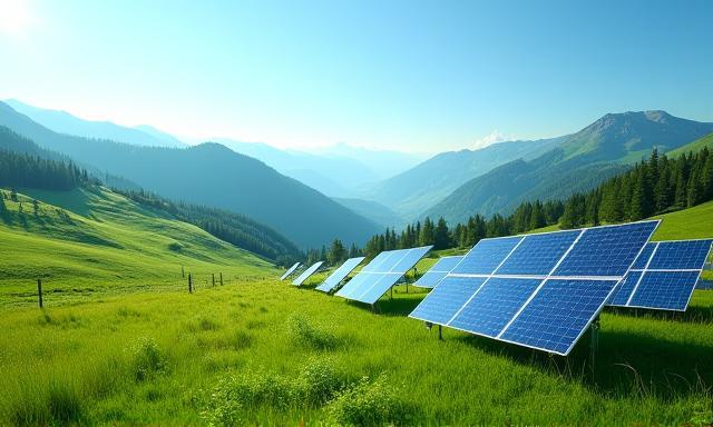 Grüne Alpwiese mit Solarpanels